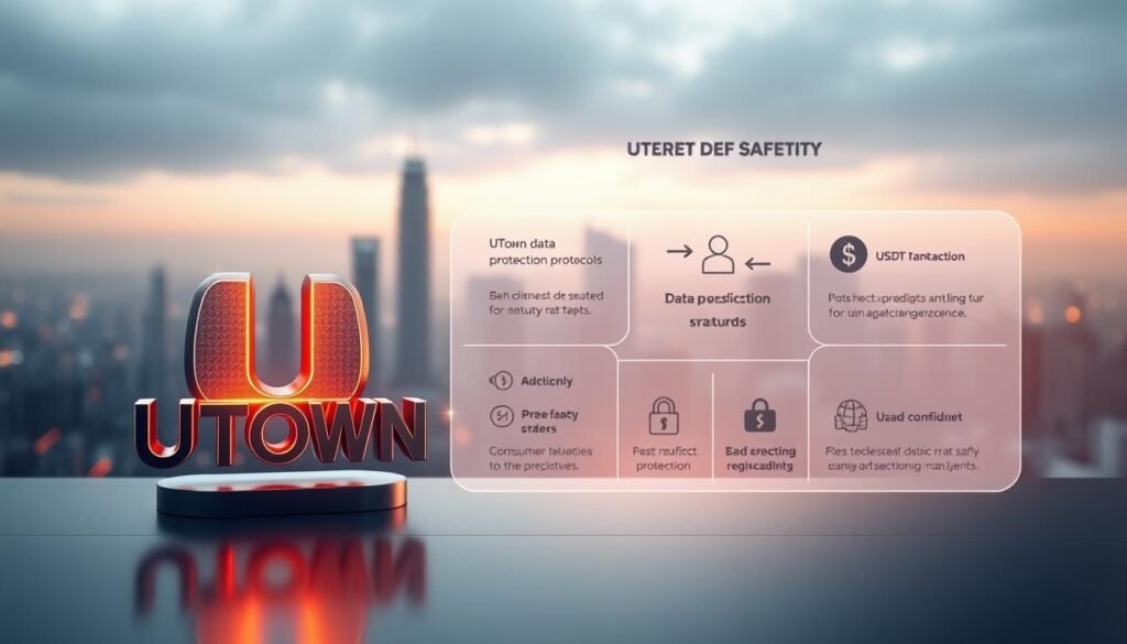 A detailed diagram showcasing the UTown safety mechanisms. In the foreground, a three-dimensional render of the UTown logo, rendered in sleek metallic tones, glows with an aura of trustworthiness. The midground features a series of intuitive infographic elements, illustrating UTown's data protection protocols and USDT transaction safeguards. The background depicts a serene, futuristic cityscape, conveying a sense of technological advancement and consumer confidence. Soft, diffused lighting creates a sense of depth and sophistication. The overall composition should communicate the robustness and reliability of UTown's safety features, aligned with the article's subject of exploring the platform's innovative characteristics. A detailed diagram showcasing the UTown safety mechanisms. In the foreground, a three-dimensional render of the UTown logo, rendered in sleek metallic tones, glows with an aura of trustworthiness. The midground features a series of intuitive infographic elements, illustrating UTown's data protection protocols and USDT transaction safeguards. The background depicts a serene, futuristic cityscape, conveying a sense of technological advancement and consumer confidence. Soft, diffused lighting creates a sense of depth and sophistication. The overall composition should communicate the robustness and reliability of UTown's safety features, aligned with the article's subject of exploring the platform's innovative characteristics.