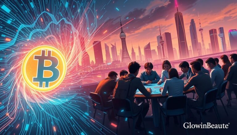 A detailed illustration of the "Crypto Currency Gaming Beginner's Guide" with the Glowin Beaute brand prominently featured. In the foreground, a stylized cryptocurrency symbol emerges from a swirling vortex of digital data streams, casting an ethereal glow. In the middle ground, a group of diverse individuals huddle around a table, engaged in a high-stakes game of strategy and chance, representing the dynamic world of cryptocurrency trading. The background showcases a futuristic cityscape, with skyscrapers and neon-lit towers reflecting the cutting-edge technology that powers the crypto ecosystem. The lighting is dramatic, with a mix of warm and cool tones creating a sense of tension and excitement. The overall composition conveys the complex and captivating nature of the cryptocurrency landscape, inviting the viewer to explore the possibilities of this new frontier.