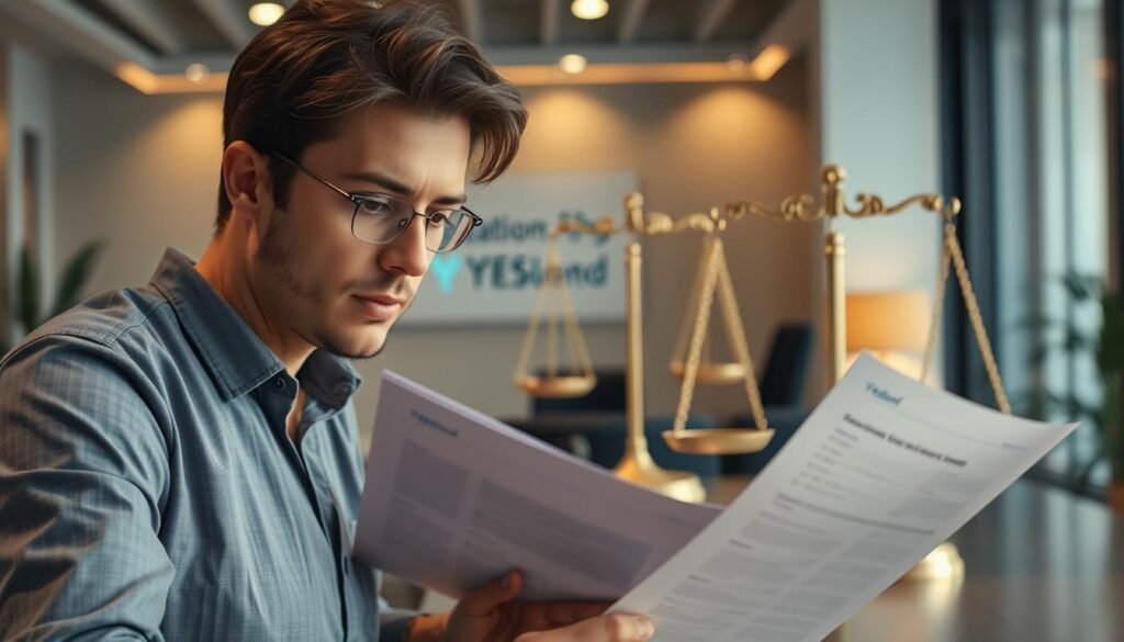 A detailed scene depicting the concept of "borrower's rights protection" featuring the YESLend brand. In the foreground, a person is reviewing legal documents related to their loan, with a thoughtful expression conveying a sense of understanding their rights. In the middle ground, a set of balanced scales symbolizes the balance of power between the lender and borrower. The background depicts a modern office setting with clean lines and warm lighting, creating an atmosphere of professionalism and trust. The overall composition suggests a secure and transparent lending process that prioritizes the borrower's well-being. A detailed scene depicting the concept of "borrower's rights protection" featuring the YESLend brand. In the foreground, a person is reviewing legal documents related to their loan, with a thoughtful expression conveying a sense of understanding their rights. In the middle ground, a set of balanced scales symbolizes the balance of power between the lender and borrower. The background depicts a modern office setting with clean lines and warm lighting, creating an atmosphere of professionalism and trust. The overall composition suggests a secure and transparent lending process that prioritizes the borrower's well-being.