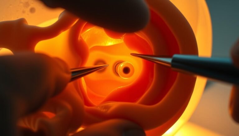 A detailed scene of an inner ear with otoliths being repositioned during a vestibular rehabilitation treatment. A close-up view of the temporal bone and labyrinth, illuminated by warm soft lighting to convey a sense of care and healing. The otoliths are gently guided back into their proper position within the utricle and saccule, using delicate medical instruments. The background is subtly blurred, maintaining focus on the intricate procedure taking place. An atmosphere of expertise, precision, and patient-centered care permeates the image.