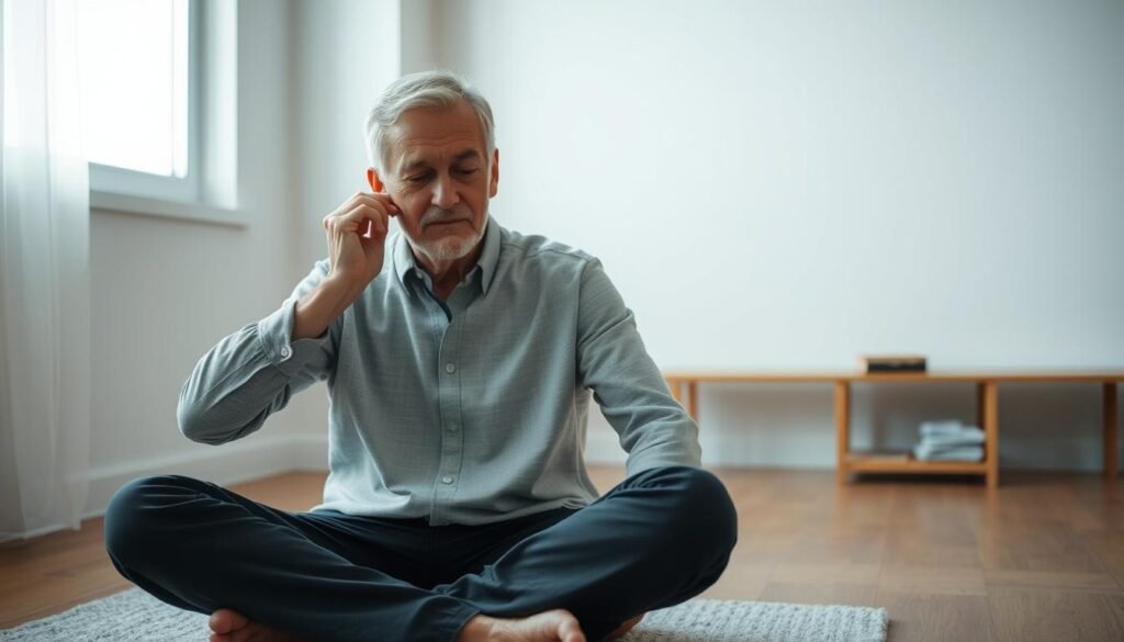 A middle-aged person sitting cross-legged on the floor, performing a series of therapeutic maneuvers to their ear. The foreground shows their hands gently manipulating the area around the ear, with a focused expression on their face. The middle ground reveals a serene, minimalist interior setting, with soft natural lighting filtering in from a window. The background maintains a tranquil, calming atmosphere, suggesting a peaceful, healing environment. The overall composition conveys a sense of concentration, care, and the gradual process of restoring balance to the inner ear through the depicted therapeutic exercises. A middle-aged person sitting cross-legged on the floor, performing a series of therapeutic maneuvers to their ear. The foreground shows their hands gently manipulating the area around the ear, with a focused expression on their face. The middle ground reveals a serene, minimalist interior setting, with soft natural lighting filtering in from a window. The background maintains a tranquil, calming atmosphere, suggesting a peaceful, healing environment. The overall composition conveys a sense of concentration, care, and the gradual process of restoring balance to the inner ear through the depicted therapeutic exercises.