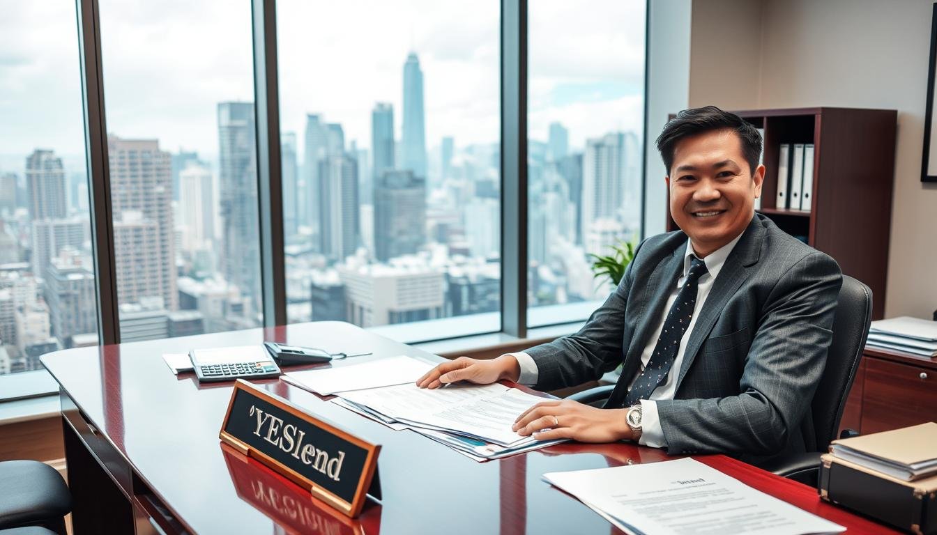 A professional-looking office interior with a well-dressed person sitting behind a desk. The desk has a nameplate that reads "YESLend" and is littered with various documents and a calculator. The person has a friendly, welcoming expression, conveying an atmosphere of trustworthiness and customer service. The room is well-lit, with large windows overlooking a bustling city skyline in the background. The overall scene projects an image of a legitimate, licensed moneylender dedicated to protecting borrowers' rights.