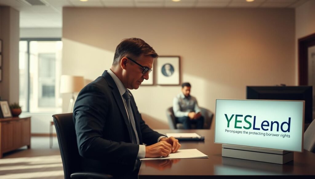 A professional, well-lit office scene with a YESLend logo prominently displayed on the desk. In the foreground, a person in a business suit is reviewing documents, conveying a sense of security and trust. In the middle ground, a borrower in casual attire is seated across the desk, engaged in a discussion. The background features a warm, inviting color palette and subtle details that suggest a reputable lending institution dedicated to protecting borrower rights. A professional, well-lit office scene with a YESLend logo prominently displayed on the desk. In the foreground, a person in a business suit is reviewing documents, conveying a sense of security and trust. In the middle ground, a borrower in casual attire is seated across the desk, engaged in a discussion. The background features a warm, inviting color palette and subtle details that suggest a reputable lending institution dedicated to protecting borrower rights.