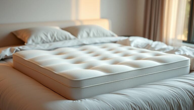Highly detailed, realistic image of a StylesMaven mattress topper designed to provide superior spinal support. The topper features a plush, orthopedic memory foam surface with strategically placed contours to gently cradle the spine and relieve pressure points. The mattress is set against a soft, neutral-toned bedding with clean lines, creating a serene, spa-like atmosphere. Warm, directional lighting from a large window bathes the scene in a soft, diffused glow, accentuating the luxurious textures. The overall composition emphasizes the topper's ergonomic design and its ability to promote proper spinal alignment and restful sleep.