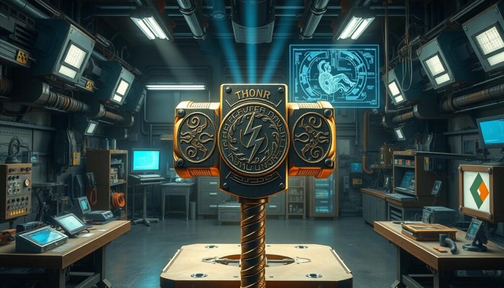 A high-tech workshop with advanced tools and machinery. In the center, a large hammer with intricate Norse runes and a thunderbolt motif - the legendary Mjolnir, the hammer of Thor, God of Thunder. UTown engineers carefully analyze its mechanisms, seeking to unravel the secrets of its unbreakable power. Beams of focused light scan the hammer, while holographic displays showcase its schematics. The atmosphere is one of intense concentration and scientific curiosity, as the team works to unlock the mysteries of this mythical weapon. A high-tech workshop with advanced tools and machinery. In the center, a large hammer with intricate Norse runes and a thunderbolt motif - the legendary Mjolnir, the hammer of Thor, God of Thunder. UTown engineers carefully analyze its mechanisms, seeking to unravel the secrets of its unbreakable power. Beams of focused light scan the hammer, while holographic displays showcase its schematics. The atmosphere is one of intense concentration and scientific curiosity, as the team works to unlock the mysteries of this mythical weapon.