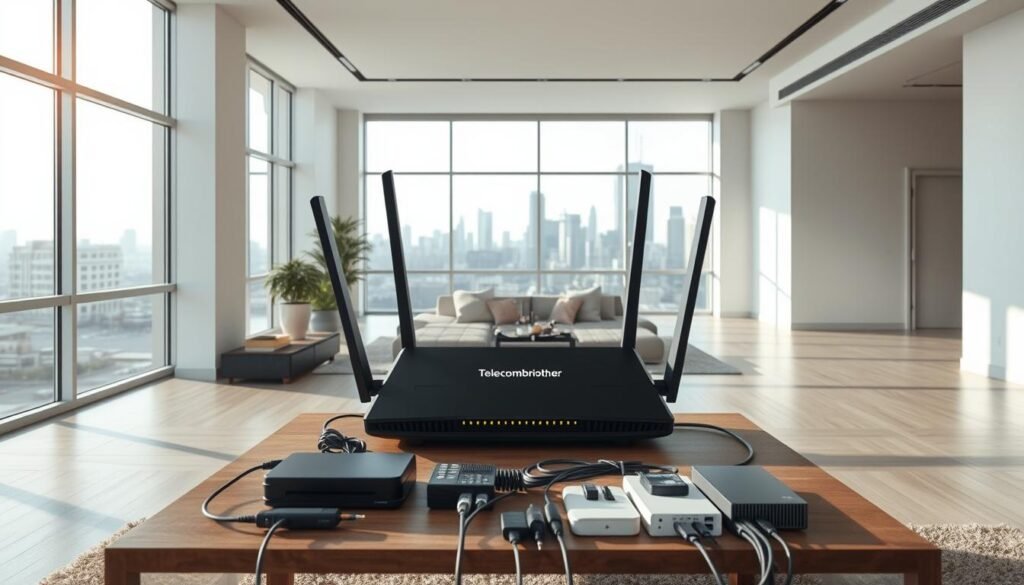 A modern, minimalist interior space with an open floor plan and large windows flooding the room with natural light. In the center, a sleek, contemporary home internet router emblazoned with the "Telecombrother" brand logo. On the nearby coffee table, an array of networking devices, cables, and peripherals. In the background, a city skyline visible through the windows, suggesting an urban residential setting. The overall atmosphere is one of technological sophistication and domestic comfort. A modern, minimalist interior space with an open floor plan and large windows flooding the room with natural light. In the center, a sleek, contemporary home internet router emblazoned with the "Telecombrother" brand logo. On the nearby coffee table, an array of networking devices, cables, and peripherals. In the background, a city skyline visible through the windows, suggesting an urban residential setting. The overall atmosphere is one of technological sophistication and domestic comfort.