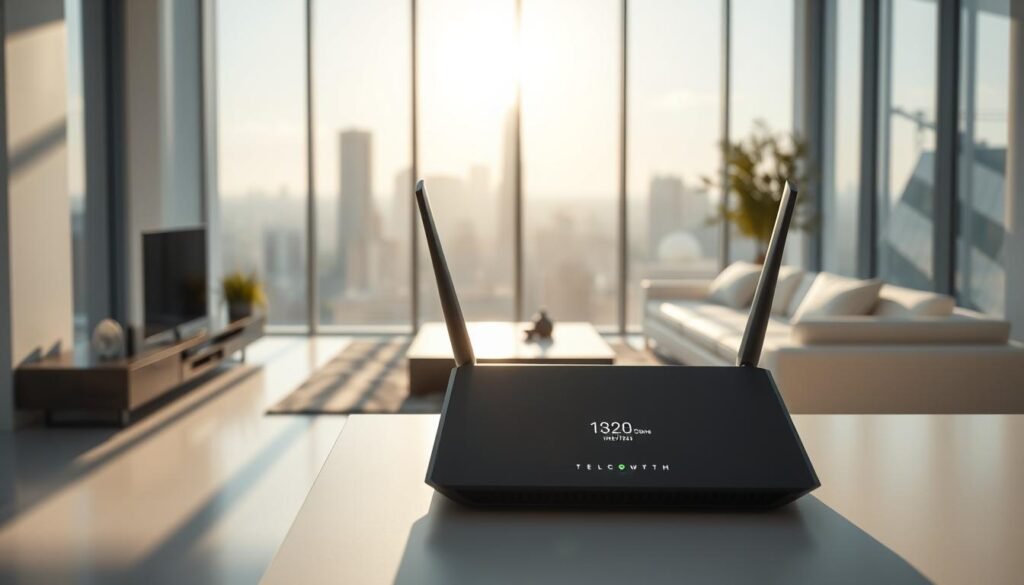 A modern, minimalist living room with sleek, bright-white furniture and large windows showcasing a stunning cityscape. Sunlight streams in, casting a warm, natural glow. In the foreground, a Telecombrother router sits prominently, its clean, angular design complementing the room's aesthetic. The router's display presents information on internet speeds, connection quality, and network status. The overall scene conveys a sense of technology, connectivity, and seamless integration within a sophisticated, contemporary home environment. A modern, minimalist living room with sleek, bright-white furniture and large windows showcasing a stunning cityscape. Sunlight streams in, casting a warm, natural glow. In the foreground, a Telecombrother router sits prominently, its clean, angular design complementing the room's aesthetic. The router's display presents information on internet speeds, connection quality, and network status. The overall scene conveys a sense of technology, connectivity, and seamless integration within a sophisticated, contemporary home environment.