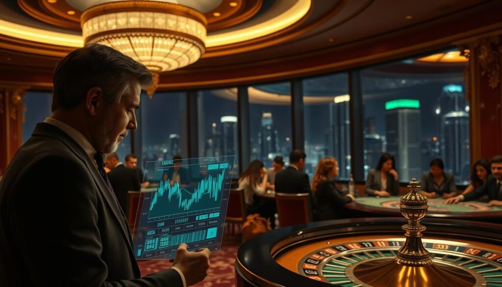 A serene, dimly lit UTown casino interior, with ornate gold and red accents. In the foreground, a well-dressed person studies a holographic display of financial charts and data, their expression focused and thoughtful. The middle ground features a group of patrons gathered around a roulette table, their faces alight with anticipation. In the background, a large glass window overlooks a nighttime cityscape, the lights of skyscrapers twinkling in the distance. The overall atmosphere is one of contemplation and strategic decision-making, evoking the essence of the "最佳投注策略" section. A serene, dimly lit UTown casino interior, with ornate gold and red accents. In the foreground, a well-dressed person studies a holographic display of financial charts and data, their expression focused and thoughtful. The middle ground features a group of patrons gathered around a roulette table, their faces alight with anticipation. In the background, a large glass window overlooks a nighttime cityscape, the lights of skyscrapers twinkling in the distance. The overall atmosphere is one of contemplation and strategic decision-making, evoking the essence of the "最佳投注策略" section.
