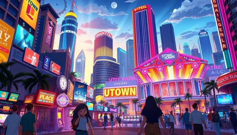 A vibrant, detailed illustration of the &quot;UTown Entertainment City Beginner's Guide&quot; showcasing a lively, modern city skyline with towering skyscrapers, neon-lit streets, and bustling crowds. The foreground features a group of animated characters - a young man, woman, and child - exploring the city's attractions, from gaming arcades to luxurious hotel lobbies. The middle ground captures the energy of the entertainment district, with colorful billboards, flashing lights, and a grand, illuminated entrance to the UTown complex. The background depicts a panoramic view of the city, with a dramatic, cinematic lighting setup that casts long shadows and highlights the architectural details. The overall scene conveys a sense of excitement, adventure, and the promise of endless entertainment possibilities for new visitors to the UTown Entertainment City.