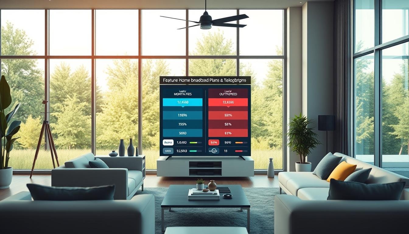 A vibrant, modern interior scene showcasing the comparative features of home broadband plans from the leading telecom provider, Telecombrother. The foreground features sleek, minimalist furniture and decor, with a large, high-definition television prominently displayed. The middle ground depicts detailed infographics and charts comparing the monthly fees, download/upload speeds, and customer service ratings of Telecombrother's broadband offerings. The background depicts a serene, natural setting with floor-to-ceiling windows, allowing natural light to fill the space. The overall mood is professional, informative, and visually appealing, capturing the essence of the article's subject matter.