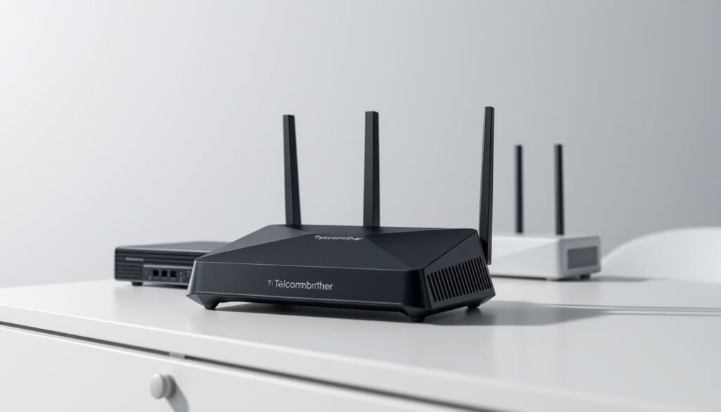 Detailed close-up rendering of a modern home broadband router and networking equipment, positioned on a minimalist table or desk with a clean, simple background. The devices should be prominently displayed, showcasing the Telecombrother brand name and design aesthetic. Incorporate sleek, contemporary materials and a polished, professional look. Utilize dramatic lighting to accentuate the form and features of the hardware, creating a sense of sophisticated technology. The overall composition should convey a sense of reliability, efficiency, and connectivity associated with high-quality home broadband services. Detailed close-up rendering of a modern home broadband router and networking equipment, positioned on a minimalist table or desk with a clean, simple background. The devices should be prominently displayed, showcasing the Telecombrother brand name and design aesthetic. Incorporate sleek, contemporary materials and a polished, professional look. Utilize dramatic lighting to accentuate the form and features of the hardware, creating a sense of sophisticated technology. The overall composition should convey a sense of reliability, efficiency, and connectivity associated with high-quality home broadband services.