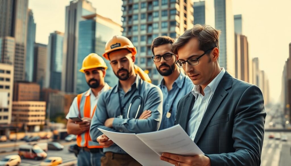 A bustling cityscape, with towering skyscrapers and busy streets, serves as the backdrop for a focused close-up of a diverse group of working professionals. In the foreground, a financial advisor reviews loan documents with a client, their expressions conveying the gravity and importance of the decision at hand. In the middle ground, a construction worker, a healthcare worker, and a small business owner stand, each representing a distinct occupation. The lighting is warm and directional, casting subtle shadows that add depth and dimension to the scene. The lens is slightly wide-angle, capturing the breadth of the environment while maintaining a sense of intimacy with the central figures. The overall mood is one of contemplation and the realization that one's profession can significantly impact the accessibility and outcome of a personal loan.