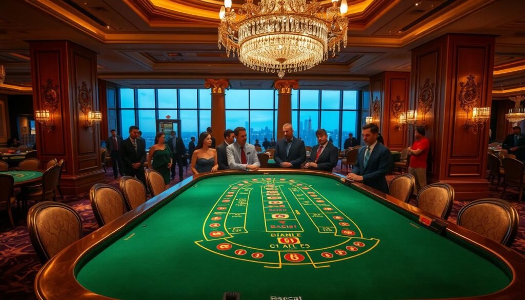 A lavish casino interior with elegant decor and mood lighting. In the foreground, a green baize baccarat table takes center stage, its edges trimmed with polished brass. Overhead, a crystal chandelier casts a warm glow across the scene. In the middle ground, well-dressed patrons observe the game intently, their faces lit by the table's glow. The background depicts a panoramic view of the casino, with plush carpeting, ornate columns, and floor-to-ceiling windows offering a glimpse of the city skyline beyond. The overall atmosphere evokes a sense of refined sophistication and high-stakes excitement. A lavish casino interior with elegant decor and mood lighting. In the foreground, a green baize baccarat table takes center stage, its edges trimmed with polished brass. Overhead, a crystal chandelier casts a warm glow across the scene. In the middle ground, well-dressed patrons observe the game intently, their faces lit by the table's glow. The background depicts a panoramic view of the casino, with plush carpeting, ornate columns, and floor-to-ceiling windows offering a glimpse of the city skyline beyond. The overall atmosphere evokes a sense of refined sophistication and high-stakes excitement.
