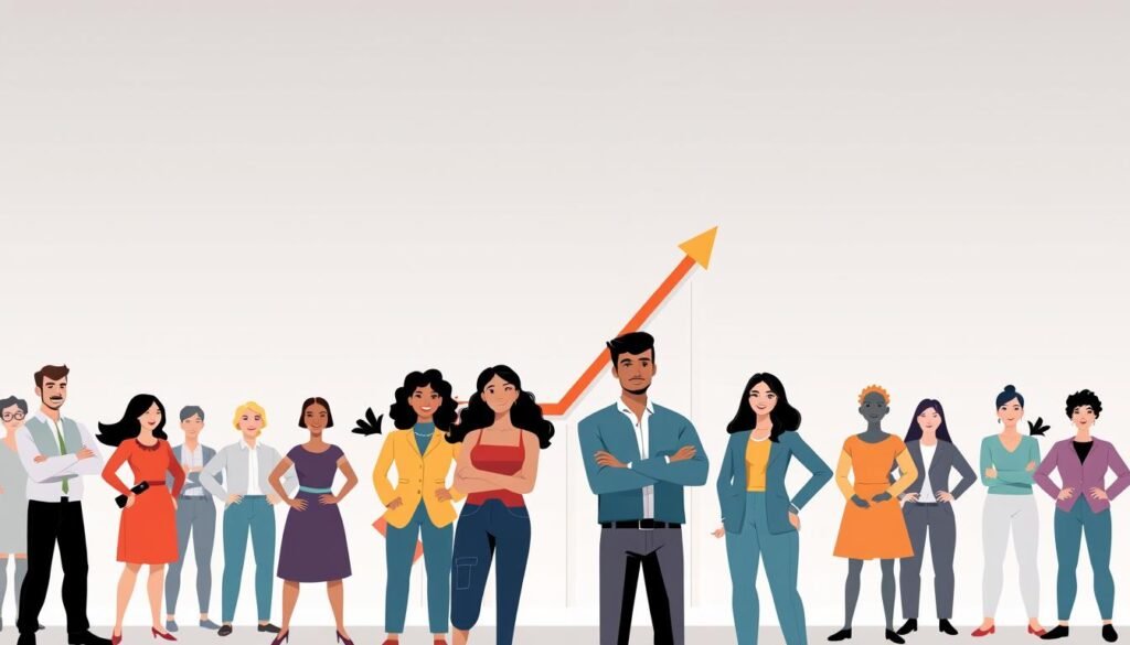 A modern, minimalist illustration showcasing the increased opportunities for personal loans. In the foreground, a diverse group of people stand confidently, their body language exuding positivity and optimism. The middle ground features a stylized graph or chart, depicting an upward trend in loan approvals. The background has a clean, geometric design with subtle textures, conveying a sense of stability and growth. The lighting is soft and directional, creating depth and highlighting the central elements. The overall mood is one of empowerment, progress, and the expanding potential for individuals to secure the financing they need.