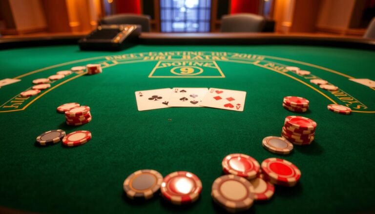 A neatly arranged table with a green felt surface, illuminated by warm overhead lighting. In the center, the iconic baccarat cards are displayed, showcasing the classic suits and values. Surrounding the cards, casino chips in various denominations are strategically placed, hinting at the high-stakes nature of the game. The scene exudes an atmosphere of elegance and sophistication, inviting the viewer to delve into the intricacies of the baccarat rules and strategies.