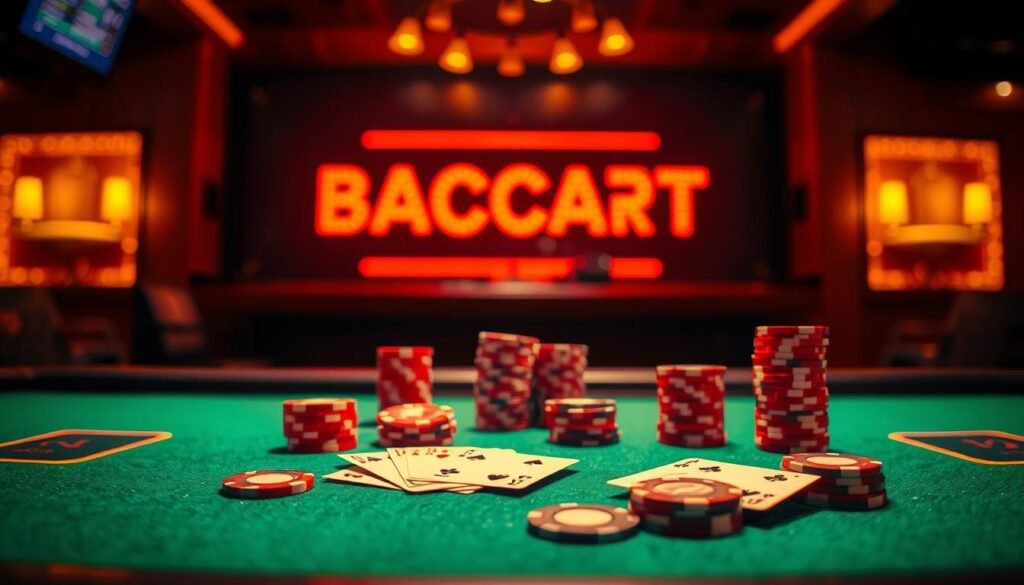 A neon-lit casino table with a green felt surface, playing cards and casino chips arranged in an aesthetically pleasing composition. The table is set against a blurred, dimly-lit background, creating a sense of depth and focus on the gameplay elements. The lighting is dramatic, with warm tones and shadows that add depth and intensity to the scene. The layout and arrangement of the objects on the table are carefully composed to create a visually striking and informative illustration of the rules and strategies of Baccarat. A neon-lit casino table with a green felt surface, playing cards and casino chips arranged in an aesthetically pleasing composition. The table is set against a blurred, dimly-lit background, creating a sense of depth and focus on the gameplay elements. The lighting is dramatic, with warm tones and shadows that add depth and intensity to the scene. The layout and arrangement of the objects on the table are carefully composed to create a visually striking and informative illustration of the rules and strategies of Baccarat.
