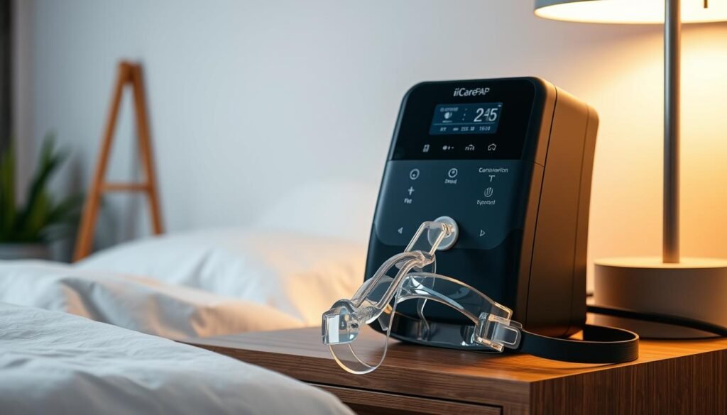 A sleek and modern iCareCPAP sleep apnea machine, its smooth matte black casing resting on a minimalist wooden nightstand. Soft, diffused lighting from a nearby lamp casts a warm glow, creating a cozy and inviting atmosphere. The machine's control panel is clearly visible, with intuitive buttons and a digital display showcasing its key settings. In the foreground, a comfortable CPAP mask rests, ready for the user to begin their restful night's sleep. The background features a serene, calming landscape, with subtle hints of nature creating a tranquil and soothing environment, ideal for achieving quality, uninterrupted sleep. A sleek and modern iCareCPAP sleep apnea machine, its smooth matte black casing resting on a minimalist wooden nightstand. Soft, diffused lighting from a nearby lamp casts a warm glow, creating a cozy and inviting atmosphere. The machine's control panel is clearly visible, with intuitive buttons and a digital display showcasing its key settings. In the foreground, a comfortable CPAP mask rests, ready for the user to begin their restful night's sleep. The background features a serene, calming landscape, with subtle hints of nature creating a tranquil and soothing environment, ideal for achieving quality, uninterrupted sleep.