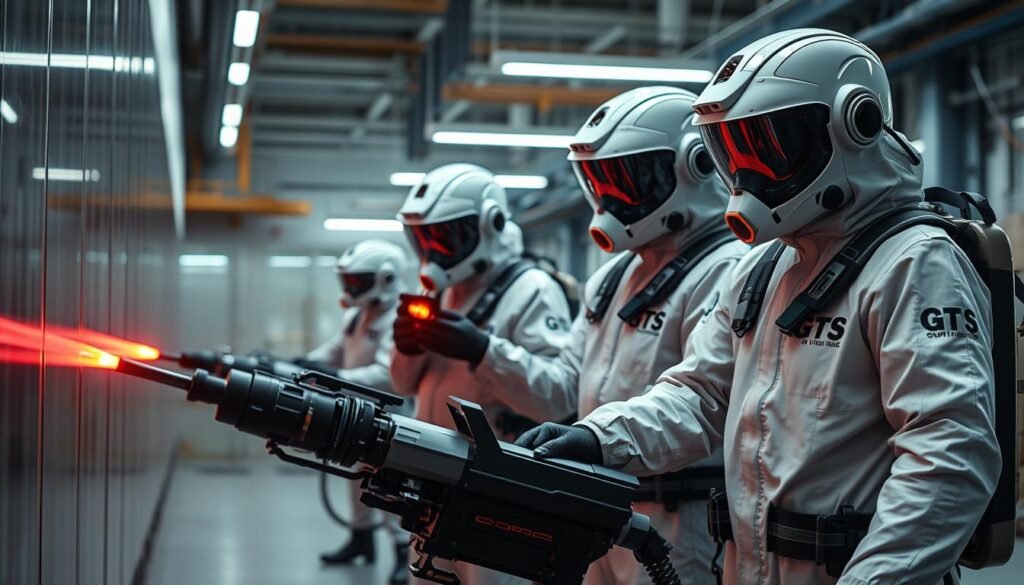 A striking scene of a team of pest control technicians in sleek, advanced "iCareCPAP" protective suits, applying cutting-edge technologies to eradicate an infestation. The foreground showcases a futuristic spraying apparatus, its nozzles precisely targeting pests. In the middle ground, the technicians move with practiced efficiency, wielding state-of-the-art monitoring devices. The background depicts a modern, well-lit industrial setting, hinting at the innovative methods employed by this next-generation pest control service. The overall atmosphere conveys a sense of professionalism, safety, and the application of the latest scientific advancements in the field of pest management. A striking scene of a team of pest control technicians in sleek, advanced "iCareCPAP" protective suits, applying cutting-edge technologies to eradicate an infestation. The foreground showcases a futuristic spraying apparatus, its nozzles precisely targeting pests. In the middle ground, the technicians move with practiced efficiency, wielding state-of-the-art monitoring devices. The background depicts a modern, well-lit industrial setting, hinting at the innovative methods employed by this next-generation pest control service. The overall atmosphere conveys a sense of professionalism, safety, and the application of the latest scientific advancements in the field of pest management.