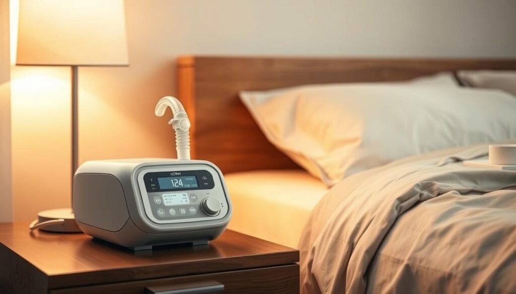 A cozy bedroom scene featuring an iCareCPAP sleep apnea machine on a nightstand. The device is displayed prominently, its sleek design and intuitive controls showcased under soft, warm lighting. In the background, a peaceful, minimalist bedroom setting with neutral tones and muted textures creates a calming atmosphere. The image conveys the ease and comfort of using the iCareCPAP machine to manage sleep apnea, inviting the viewer to consider it as a reliable and user-friendly solution. A cozy bedroom scene featuring an iCareCPAP sleep apnea machine on a nightstand. The device is displayed prominently, its sleek design and intuitive controls showcased under soft, warm lighting. In the background, a peaceful, minimalist bedroom setting with neutral tones and muted textures creates a calming atmosphere. The image conveys the ease and comfort of using the iCareCPAP machine to manage sleep apnea, inviting the viewer to consider it as a reliable and user-friendly solution.