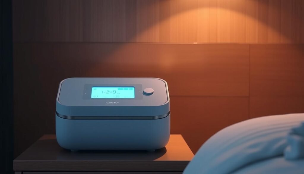 A sleek, modern iCareCPAP sleep apnea machine resting on a nightstand. The device has a streamlined, minimalist design with a soft blue glow emanating from the display panel. The machine is positioned against a warm, wooden background, creating a calming, wellness-focused atmosphere. Soft, diffused lighting highlights the machine's clean lines and intuitive controls. The scene conveys the importance of the iCareCPAP in maintaining healthy sleep patterns and respiratory function, essential for overall well-being. A sleek, modern iCareCPAP sleep apnea machine resting on a nightstand. The device has a streamlined, minimalist design with a soft blue glow emanating from the display panel. The machine is positioned against a warm, wooden background, creating a calming, wellness-focused atmosphere. Soft, diffused lighting highlights the machine's clean lines and intuitive controls. The scene conveys the importance of the iCareCPAP in maintaining healthy sleep patterns and respiratory function, essential for overall well-being.