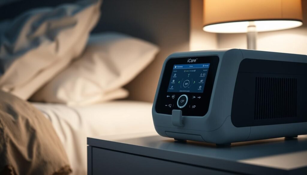 A detailed close-up of an iCareCPAP sleep apnea machine, showcasing its sleek and modern design. The device is placed on a minimalist nightstand, surrounded by a dimly lit bedroom setting with soft, ambient lighting. The machine's interface and controls are prominently displayed, highlighting its user-friendly features. The overall scene conveys a sense of comfort and relaxation, reflecting the device's role in providing effective sleep apnea treatment and improving sleep quality.