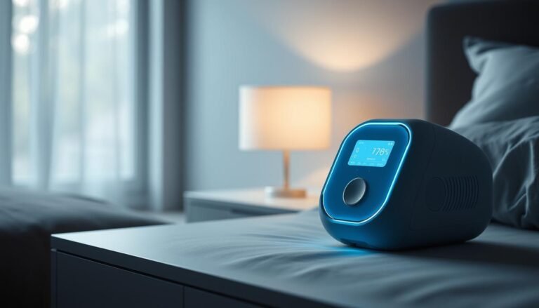 A sleek, modern medical device with a smooth, curved design in shades of gray and blue. The iCareCPAP machine sits on a minimalist bedside table, its soft LED display illuminating the dimly lit bedroom. The device is surrounded by clean lines and a serene, calming atmosphere, suggesting its role in providing restful, restorative sleep. In the background, a softly blurred view of a bedroom window allows natural light to filter in, creating a tranquil, soothing ambiance. The overall composition conveys the importance of the iCareCPAP machine in managing sleep-disordered breathing while emphasizing its elegant, user-friendly design.