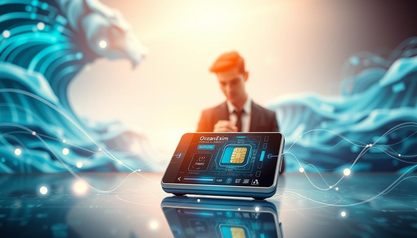 A futuristic digital landscape representing "OceanEsim" virtual SIM card technology. In the foreground, a sleek digital device displaying a virtual SIM interface, surrounded by flowing data streams symbolizing seamless communication and data transfer. In the middle ground, a professional young worker in business attire interacts with the device with focus and curiosity. The background features an abstract representation of the ocean, with blue and turquoise hues blending into digital circuitry patterns, indicating innovation and connectivity. Soft ambient lighting creates a high-tech atmosphere, while a gentle glow highlights the device, suggesting advanced technology. The scene conveys a sense of reliability, mobility, and the advantages of virtual communication solutions.