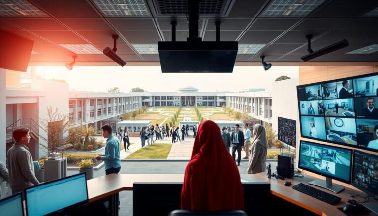 A modern campus security system design, showcasing a high-tech monitoring station in the foreground, equipped with multiple screens displaying live feeds from various surveillance cameras around the campus. The middle ground features a well-designed campus layout with buildings, pathways, and secure access points. In the background, a diverse group of students and staff are seen interacting in a safe environment, dressed in professional attire and modest casual clothing, embodying a sense of community and security. The scene is illuminated by soft, natural daylight, creating an inviting atmosphere. Capture the viewpoint from a low angle to highlight the advanced technology and safety measures, emphasizing the role of HKSSC in enhancing campus safety and visitor management.