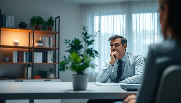 A serene and professional depiction of a psychiatrist in a well-lit office setting, emphasizing confidentiality and ethics. In the foreground, a focused psychiatrist in professional attire, sitting at a sleek desk, interacting thoughtfully with a patient (blurred for anonymity). The middle layer features shelves filled with psychology books and a potted plant, symbolizing growth and healing. The background shows a calming color palette with soft light filtering through a window adorned with translucent curtains, creating an inviting atmosphere. The mood is one of trust and professionalism, reflecting the responsibility of psychiatrists to maintain patient confidentiality within a legal framework. The composition is captured from a slightly elevated angle, lending an air of authority and care.
