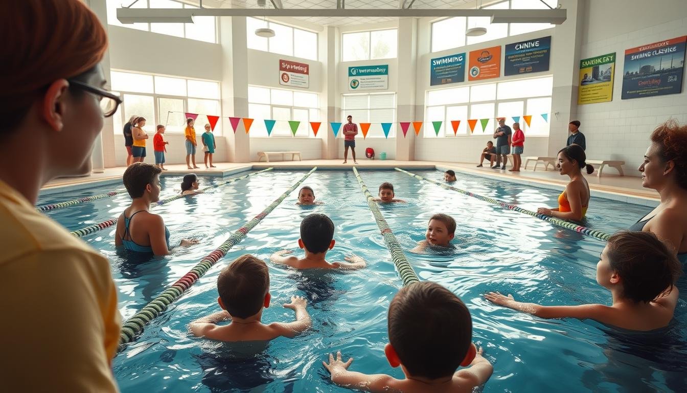 A vibrant swimming training center, showcasing a variety of swimming courses and activities. In the foreground, a diverse group of adults and children in modest swim attire, engaged in a coaching session with a professional instructor demonstrating swimming techniques. The middle area features a modern pool with marked lanes and colorful flags, while a few participants practice in the water, showcasing various strokes. In the background, bright windows allow natural light to flood in, enhancing the atmosphere of motivation and positivity. The walls are adorned with banners displaying different swimming class options, creating an inviting environment. The angle captures a dynamic perspective, emphasizing the energetic and supportive atmosphere of the swimming academy. Soft, warm lighting adds an inviting touch to the scene, evoking a sense of community and enthusiasm for learning.