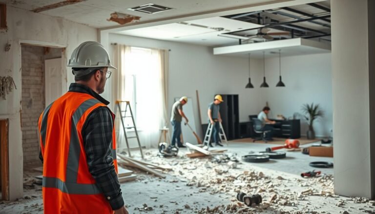 A detailed scene showing the relationship between demolition work and interior renovation. In the foreground, a professional in a hard hat and safety gear inspects an area with partially dismantled drywall and debris scattered around. The middle ground features workers carefully removing old fixtures, surrounded by tools and equipment, emphasizing the active demolition process. In the background, a freshly renovated room with modern lighting and sleek furnishings contrasts the chaos, symbolizing progress. Soft natural light filters through a window, creating a dynamic interplay between dark shadows and bright highlights. The overall atmosphere conveys the urgency and necessity of demolition as a critical first step in the renovation journey, blending practicality with a sense of hope for transformation.