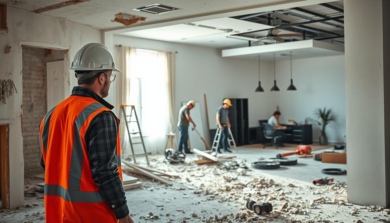 A detailed scene showing the relationship between demolition work and interior renovation. In the foreground, a professional in a hard hat and safety gear inspects an area with partially dismantled drywall and debris scattered around. The middle ground features workers carefully removing old fixtures, surrounded by tools and equipment, emphasizing the active demolition process. In the background, a freshly renovated room with modern lighting and sleek furnishings contrasts the chaos, symbolizing progress. Soft natural light filters through a window, creating a dynamic interplay between dark shadows and bright highlights. The overall atmosphere conveys the urgency and necessity of demolition as a critical first step in the renovation journey, blending practicality with a sense of hope for transformation.