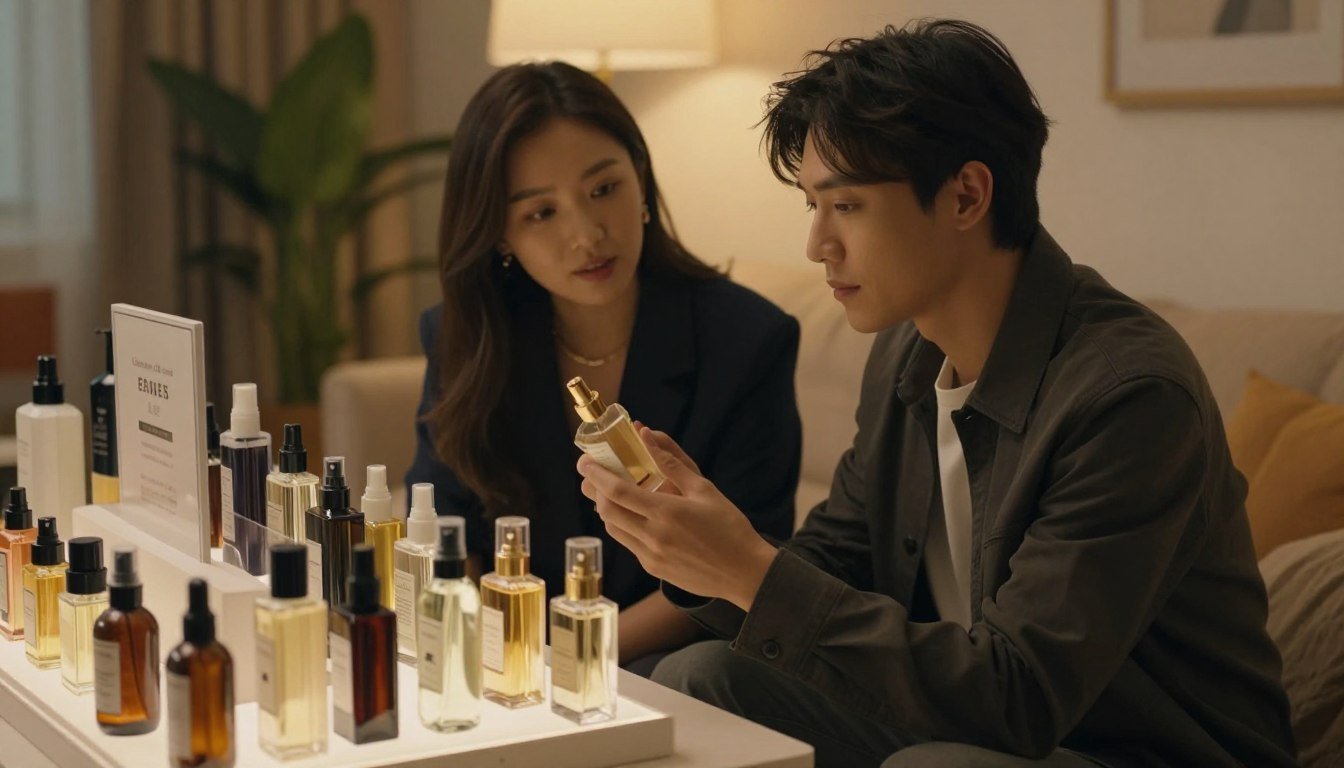 A stylish and informative visual guide for selecting long-lasting spray products, set in a cozy and intimate environment. In the foreground, a well-organized display of various long-lasting spray bottles, featuring elegant designs and labels. In the middle, a couple, dressed in smart casual attire, thoughtfully examining a product together, showcasing collaboration and connection. The background features soft, warm lighting that creates a cinematic atmosphere, with subtle elements like a plush couch and decorative plants adding to the inviting scene. The overall mood is harmonious and romantic, highlighting the importance of choosing the right product for enhancing relationships. The composition follows a 4:3 aspect ratio to evoke a classic, comfortable feel.
