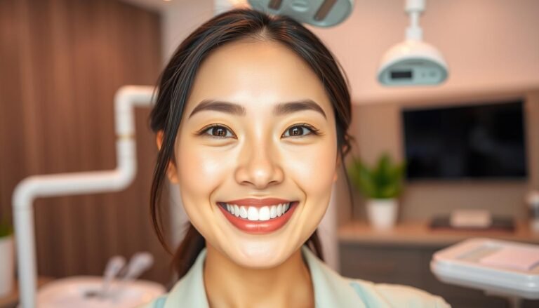 A close-up portrait of a young Asian woman with a warm, genuine smile, showcasing her teeth with a glimmering sheen, indicating effective dental care. Her hair is styled neatly and she wears a smart, professional outfit, exuding confidence and approachability. The lighting is soft and natural, illuminating her face to enhance the vibrancy of her smile. In the background, a blurred dental clinic setting with modern tools and subtle touches of greenery, creating a serene atmosphere. The mood is uplifting and positive, reflecting the theme of transformation and aesthetic improvement in dental aesthetics. The angle captures her smile at eye level, inviting connection and engagement.