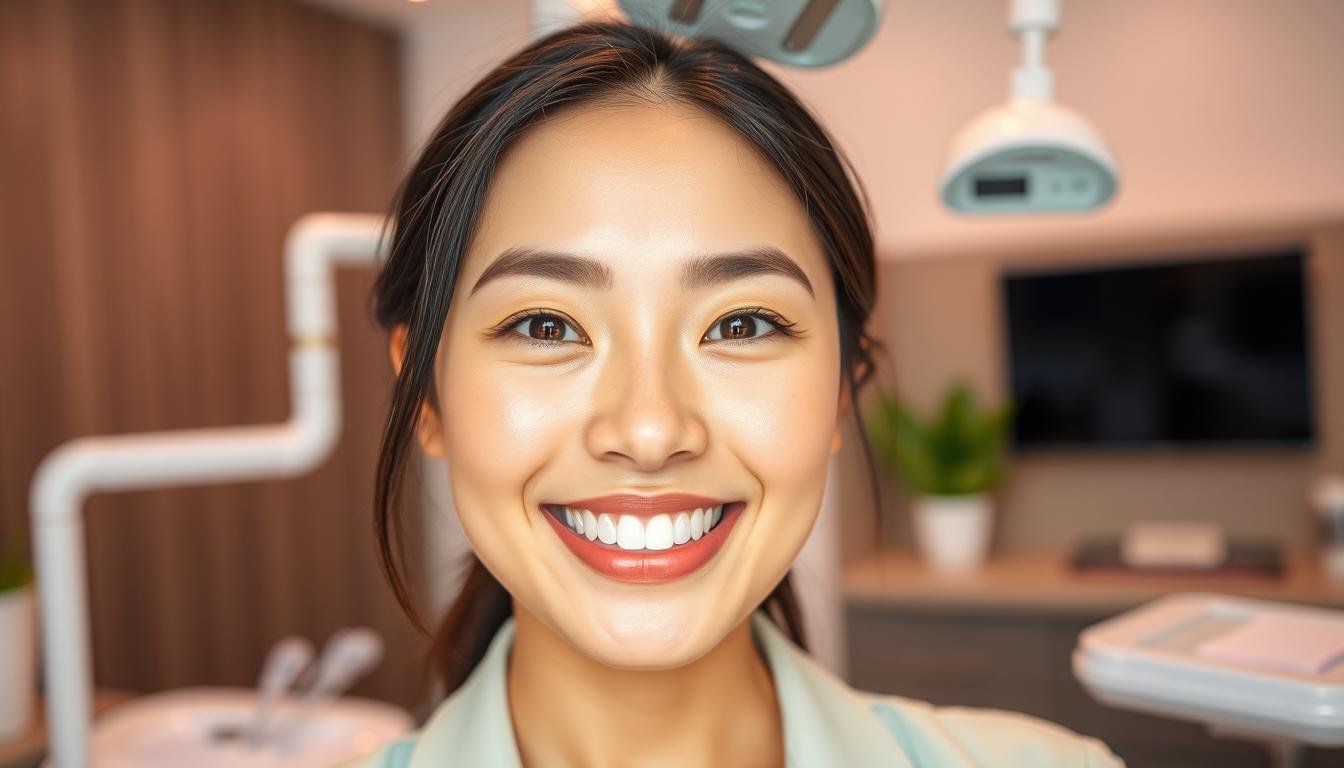 A close-up portrait of a young Asian woman with a warm, genuine smile, showcasing her teeth with a glimmering sheen, indicating effective dental care. Her hair is styled neatly and she wears a smart, professional outfit, exuding confidence and approachability. The lighting is soft and natural, illuminating her face to enhance the vibrancy of her smile. In the background, a blurred dental clinic setting with modern tools and subtle touches of greenery, creating a serene atmosphere. The mood is uplifting and positive, reflecting the theme of transformation and aesthetic improvement in dental aesthetics. The angle captures her smile at eye level, inviting connection and engagement.
