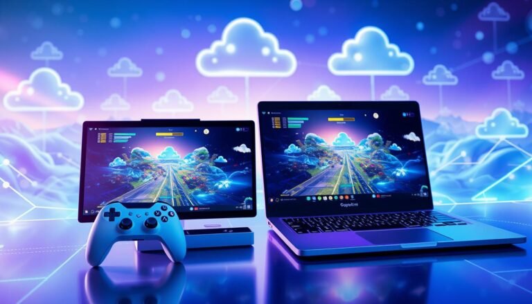 A futuristic gaming environment illustrating the concept of cross-device synchronization in gaming progress. In the foreground, a sleek gaming console and a high-end laptop are placed side by side, both displaying the same game screen, showcasing seamless gameplay continuity. The background features a vibrant digital landscape filled with abstract representations of cloud technology, symbolizing connectivity and data flow, with glowing lines connecting devices. Dramatic soft blue and purple lighting enhances the high-tech atmosphere, while a slight lens flare adds a sense of dynamic energy. The scene evokes a sense of innovation and collaboration in gaming, emphasizing the role of 3A in the cloud technology-driven gaming experience.