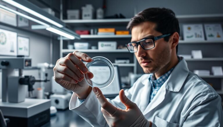 A laboratory setting showcasing a detailed quality inspection of a 0.01 mm polyurethane condom. In the foreground, a focused technician wearing a lab coat and safety glasses examines a transparent condom, holding it delicately between their fingers. The middle layer features a well-organized workstation with precision measuring instruments, quality control charts, and ambient lighting reflecting off polished surfaces. In the background, shelves display various testing equipment and safety protocols in place, ensuring a professional environment. The overall mood is serious and sterile, emphasizing the importance of quality assurance in product safety. Soft, diffused lighting enhances the details, creating a clean and clinical atmosphere suitable for a scientific examination.