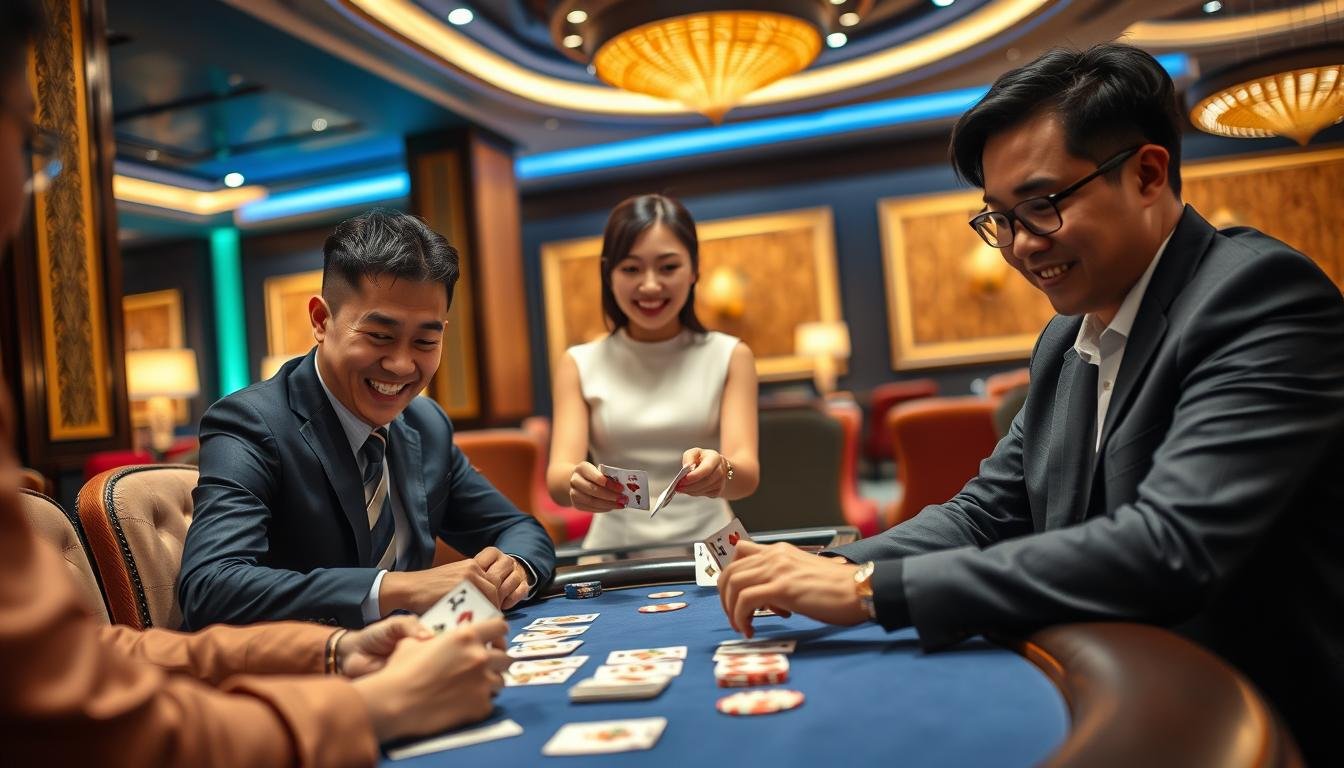 A stylish and modern gaming lounge featuring three excited Taiwanese players engaging at a high-stakes poker table. In the foreground, focus on a well-dressed player studying their cards intently, with a look of concentration. In the middle, a female dealer, professional and poised, shuffles fresh cards, enhancing the atmosphere. The background presents a luxurious setting with ambient lighting casting a warm glow, highlighting decorative elements like plush seating and vibrant colors, indicative of a high-end gaming venue. This scene conveys a sense of importance and excitement regarding gambling regulations, emphasizing the players' passion for traditional card games. The overall mood is electric and focused, showcasing the thrill and strategic depth of poker in a sophisticated environment.