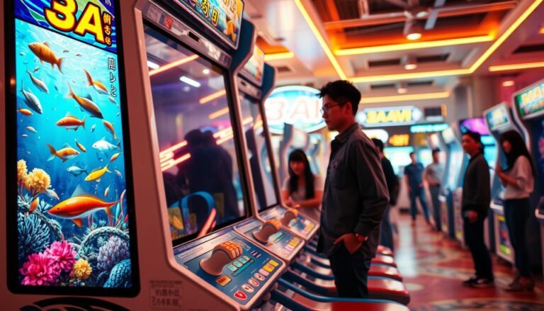 A vibrant depiction of a "3A捕魚機遊戲" arcade machine. In the foreground, showcase a detailed, modern fishing game cabinet with a bright screen displaying colorful underwater scenes filled with animated fish. The cabinet has sleek lines and striking graphics representing various aquatic creatures and in-game actions. In the middle ground, include players engaged with the machine, excited expressions on their faces as they aim to catch fish, dressed in casual, modest attire. The background should be a lively arcade environment with soft neon lighting, evoking a sense of fun and excitement. Capture the scene from a slightly low angle, enhancing the grandeur of the game cabinet, with a warm, inviting atmosphere that highlights the interaction and enjoyment of the gaming experience.