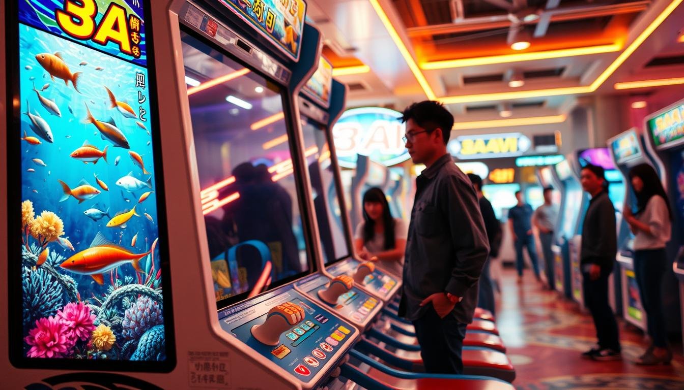 A vibrant depiction of a "3A捕魚機遊戲" arcade machine. In the foreground, showcase a detailed, modern fishing game cabinet with a bright screen displaying colorful underwater scenes filled with animated fish. The cabinet has sleek lines and striking graphics representing various aquatic creatures and in-game actions. In the middle ground, include players engaged with the machine, excited expressions on their faces as they aim to catch fish, dressed in casual, modest attire. The background should be a lively arcade environment with soft neon lighting, evoking a sense of fun and excitement. Capture the scene from a slightly low angle, enhancing the grandeur of the game cabinet, with a warm, inviting atmosphere that highlights the interaction and enjoyment of the gaming experience.