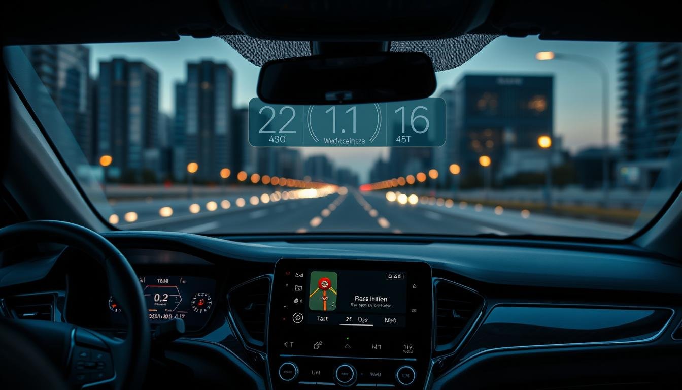 A modern car interior showcasing CarPlay integration with a heads-up display (HUD). In the foreground, a sleek dashboard with touch-sensitive controls and a vibrant screen displaying navigation directions, featuring a highlighted turn indicator and distance countdown. In the middle, a clear and advanced HUD projects essential driving information, seamlessly overlaying real-time data such as speed and navigation prompts onto the windshield. In the background, a blurred cityscape under soft twilight lighting, enhancing the focus on the car’s tech features. The atmosphere is futuristic and tech-savvy, capturing the essence of innovation in automotive technology, with reflections subtly illuminating the dashboard screen. No human figures are present, allowing the technology to take the spotlight.