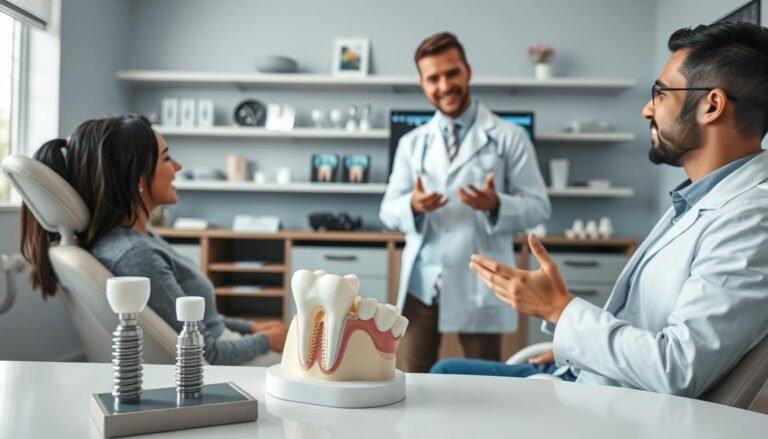 A modern dental clinic interior featuring a confident, professional dentist in a white coat discussing dental implant success with a patient seated in a comfortable chair. The foreground shows a detailed dental implant model on the table, while the middle layer focuses on the dentist explaining the treatment process, gesturing towards a digital screen displaying images of healthy bone integration. The background reveals shelves with dental tools, brochures, and a soothing color palette, creating a calming atmosphere. Soft, natural lighting filters in from a window, enhancing the overall professionalism of the scene. Shot from a slightly angled perspective, capturing both the dentist's and patient's expressions of engagement and trust in the process.
