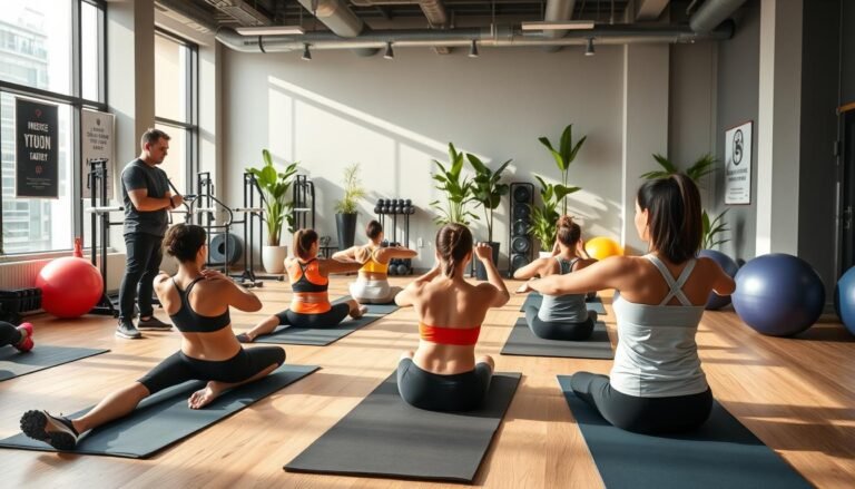 A modern physical therapy facility in Wan Chai, showcasing a focused rehabilitation scene. In the foreground, a professional male and female therapist guide a diverse group of individuals through core strengthening exercises on exercise mats. The therapists are dressed in smart casual athletic wear. In the middle ground, a high-tech gym environment is visible, equipped with exercise equipment, resistance bands, and stability balls. Natural light streams through large windows, creating a bright and uplifting atmosphere. The background features motivational posters and green indoor plants, enhancing the sense of wellness. The mood is encouraging and empowering, embodying the importance of core strength in rehabilitation after ACL surgery. The image should have a warm, inviting color palette and a sense of professionalism and care.