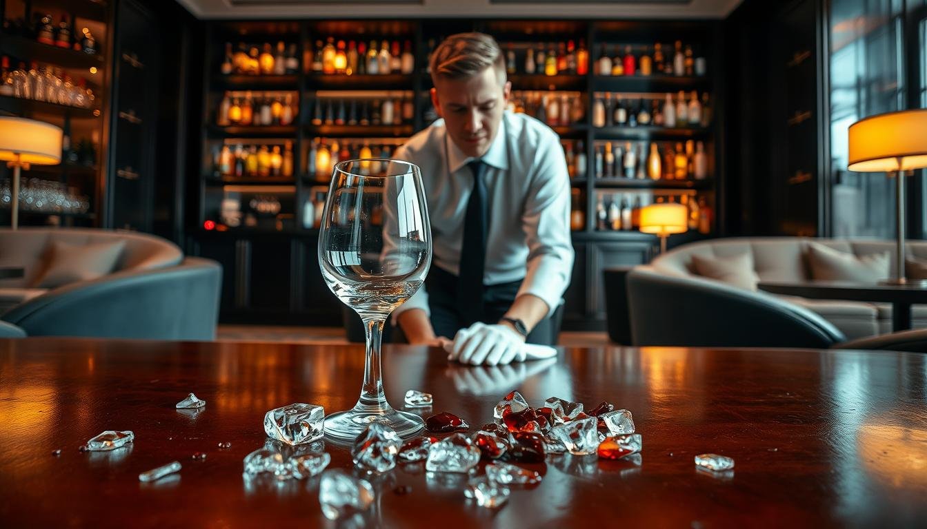 A sophisticated hotel bar scene showcasing a luxurious environment. In the foreground, a shattered crystal wine glass lies on a polished wooden table, with scattered ice cubes and droplets of red wine glistening under soft, warm lighting. In the middle, a concerned hotel staff member in a crisp uniform is kneeling, collecting the pieces with a white cloth, displaying a look of professionalism and attentiveness. In the background, elegant shelves filled with premium liquor bottles and plush seating create an opulent atmosphere. The entire scene is illuminated by warm, intimate lighting, accentuating the high-end aesthetic of the space. The composition conveys a sense of responsibility and the delicate balance of hospitality and accountability in a luxurious setting.
