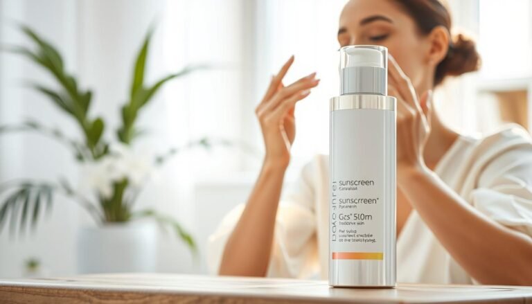 A serene and professional setting featuring a sunscreen product prominently displayed in the foreground. The sunscreen bottle should have a sleek, modern design, reflecting its gentle formula suitable for post-cosmetic treatment skin. In the middle ground, delicate hands are shown applying the sunscreen to a model's face, who is wearing a light, modest outfit, depicting a relaxed and caring atmosphere. The background features soft, natural light filtering through a window with plants subtly enhancing the scene, creating a soothing ambiance. The image conveys a sense of protection and self-care, emphasizing the importance of sunscreen selection for delicate skin. Use a shallow depth of field to focus on the product and application, with soft, diffused lighting to create an inviting and professional mood.