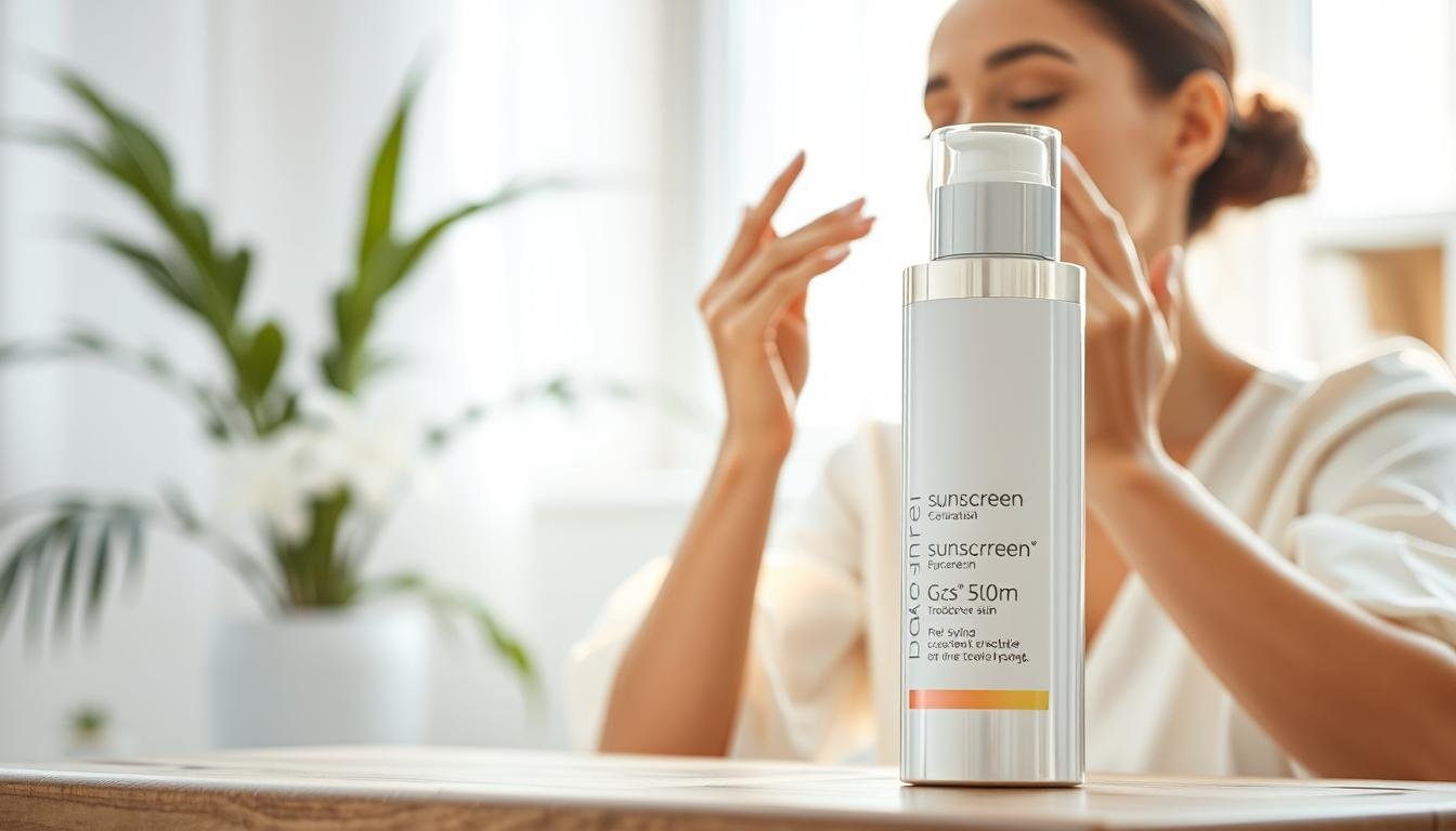A serene and professional setting featuring a sunscreen product prominently displayed in the foreground. The sunscreen bottle should have a sleek, modern design, reflecting its gentle formula suitable for post-cosmetic treatment skin. In the middle ground, delicate hands are shown applying the sunscreen to a model's face, who is wearing a light, modest outfit, depicting a relaxed and caring atmosphere. The background features soft, natural light filtering through a window with plants subtly enhancing the scene, creating a soothing ambiance. The image conveys a sense of protection and self-care, emphasizing the importance of sunscreen selection for delicate skin. Use a shallow depth of field to focus on the product and application, with soft, diffused lighting to create an inviting and professional mood.