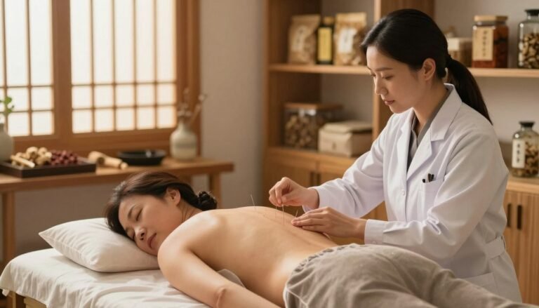 A serene acupuncture clinic scene focusing on the practice of traditional Chinese medicine for pain relief. In the foreground, a calm female physician in modest professional attire is gently placing acupuncture needles on a patient’s back, who is lying on a padded treatment table. The patient, a middle-aged Asian woman in comfortable casual clothing, appears relaxed and at ease. In the middle ground, shelves filled with traditional Chinese herbal remedies and acupuncture tools create a warm, inviting atmosphere. The background features softly lit window screens casting calming light, enhancing the tranquil ambiance. Warm colors dominate, emphasizing a sense of healing and wellness, ideal for illustrating pain management practices.