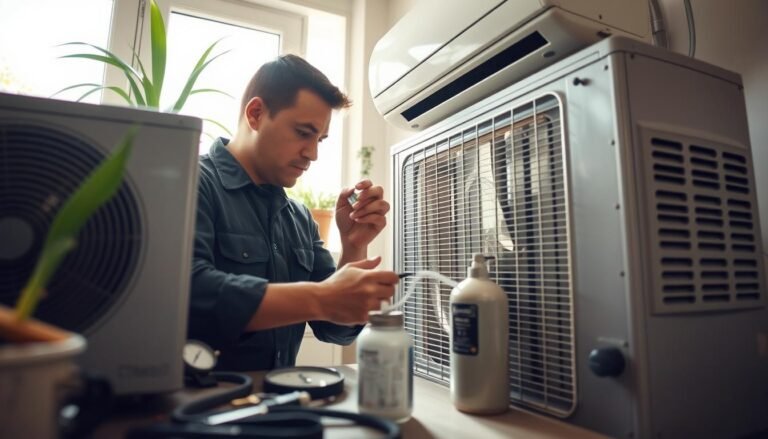 A skilled technician wearing a professional uniform works on an air conditioning unit indoors, focusing on adding refrigerant and cleaning components. The technician is meticulously inspecting the unit, surrounded by tools like gauges and a refrigerant canister, which are placed neatly on a workbench. The background features a residential setting with a clear view of a window and some indoor plants, creating a warm and inviting atmosphere. Soft, natural lighting streams in from the window, casting gentle shadows that emphasize the expert's careful craftsmanship. The angle is slightly elevated to capture the technician in action while showing the details of the air conditioning unit. Overall, the image conveys professionalism, expertise, and the importance of reliable air conditioning maintenance.