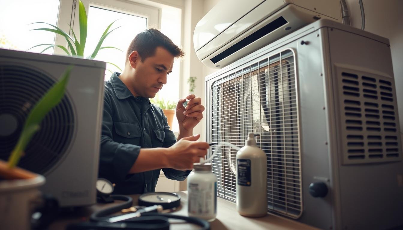 A skilled technician wearing a professional uniform works on an air conditioning unit indoors, focusing on adding refrigerant and cleaning components. The technician is meticulously inspecting the unit, surrounded by tools like gauges and a refrigerant canister, which are placed neatly on a workbench. The background features a residential setting with a clear view of a window and some indoor plants, creating a warm and inviting atmosphere. Soft, natural lighting streams in from the window, casting gentle shadows that emphasize the expert's careful craftsmanship. The angle is slightly elevated to capture the technician in action while showing the details of the air conditioning unit. Overall, the image conveys professionalism, expertise, and the importance of reliable air conditioning maintenance.