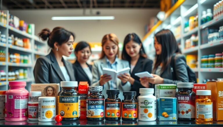 A visually appealing composition focusing on women’s health supplements tailored for the Taiwanese market. In the foreground, display an array of well-packaged dietary supplements in vibrant colors, showcasing various bottles and boxes with different shapes and sizes. In the middle ground, showcase a diverse group of professional women, dressed in modest business attire, examining and discussing these products with expressions of interest and curiosity. In the background, softly blurred, depict a warm-lit well-organized pharmacy aisle, stocked with health products, creating an inviting atmosphere. The lighting should be bright and natural, giving a sense of trust and healthiness. The angle should be slightly from above, emphasizing both the product details and the interaction among the women, capturing the essence of health awareness and empowerment.